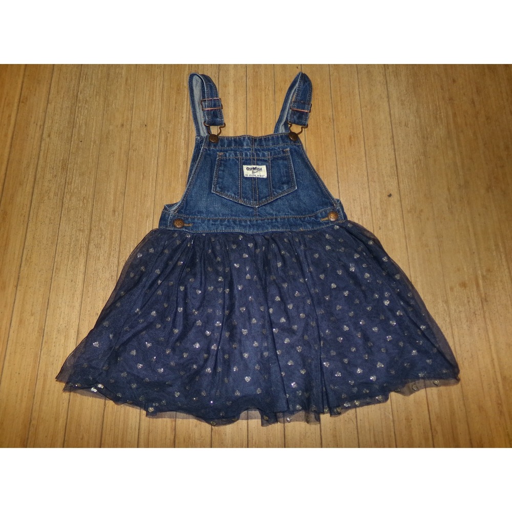 OshKosh Bgosh Girls 5T Denim Tulle Heart Jumper Dress Blue Silver Sparkle